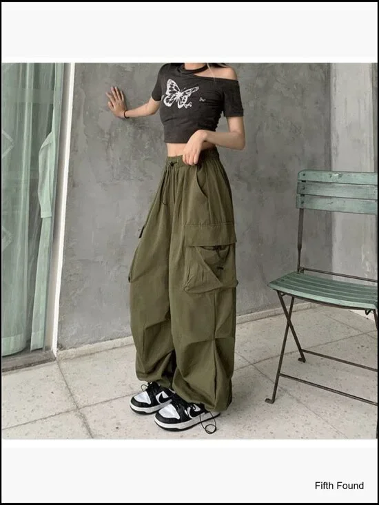 Women's Baggy Cargo Pants High Waist Straight Leg Multi Pocket Loose Fit - Picture 6 of 7